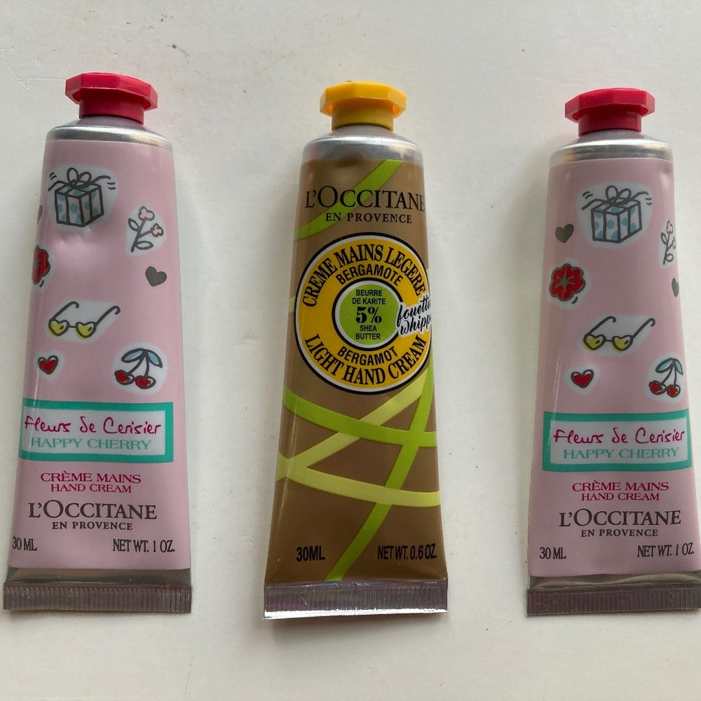 L'Occitane 2 Happy Cherry Hand Cream(1 oz.)/1 Bergamot Light Hand Cream(0.6 oz)